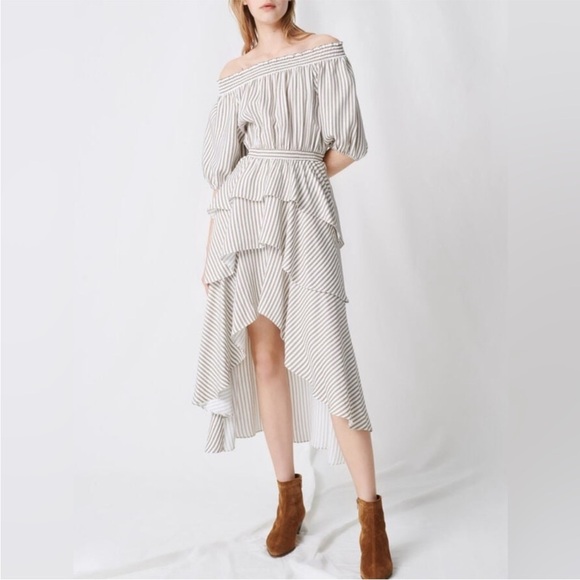 Maje Striped Off-Shoulder, Tiered, Ruffle Dress - Picture 3 of 8